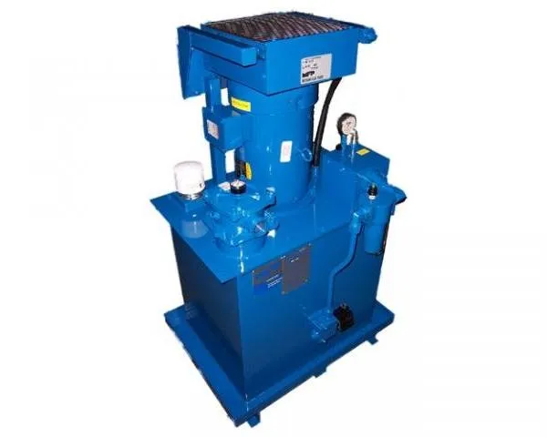 Blue-painted hydraulic power unit with a pressure gauge, filter and valve manifold, shown against a white background
