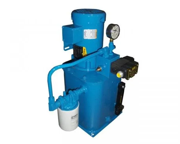 Blue-painted hydraulic power unit with a valve manifold and pressure gauge, shown against a white background