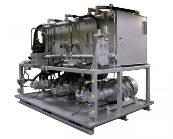 Gray hydraulic power unit with dual motors and a valve manifold, shown against a white background