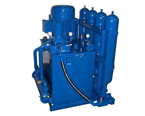A gray hydraulic power unit with a single motor and gauge panel, shown against a plain background