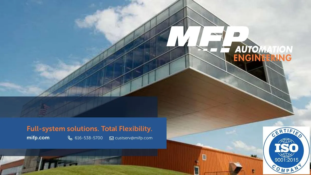 Cover of the MFP Automation Engineering capabilities presentation, showing the company's automation and fluid power headquarters in Hudsonville, Michigan