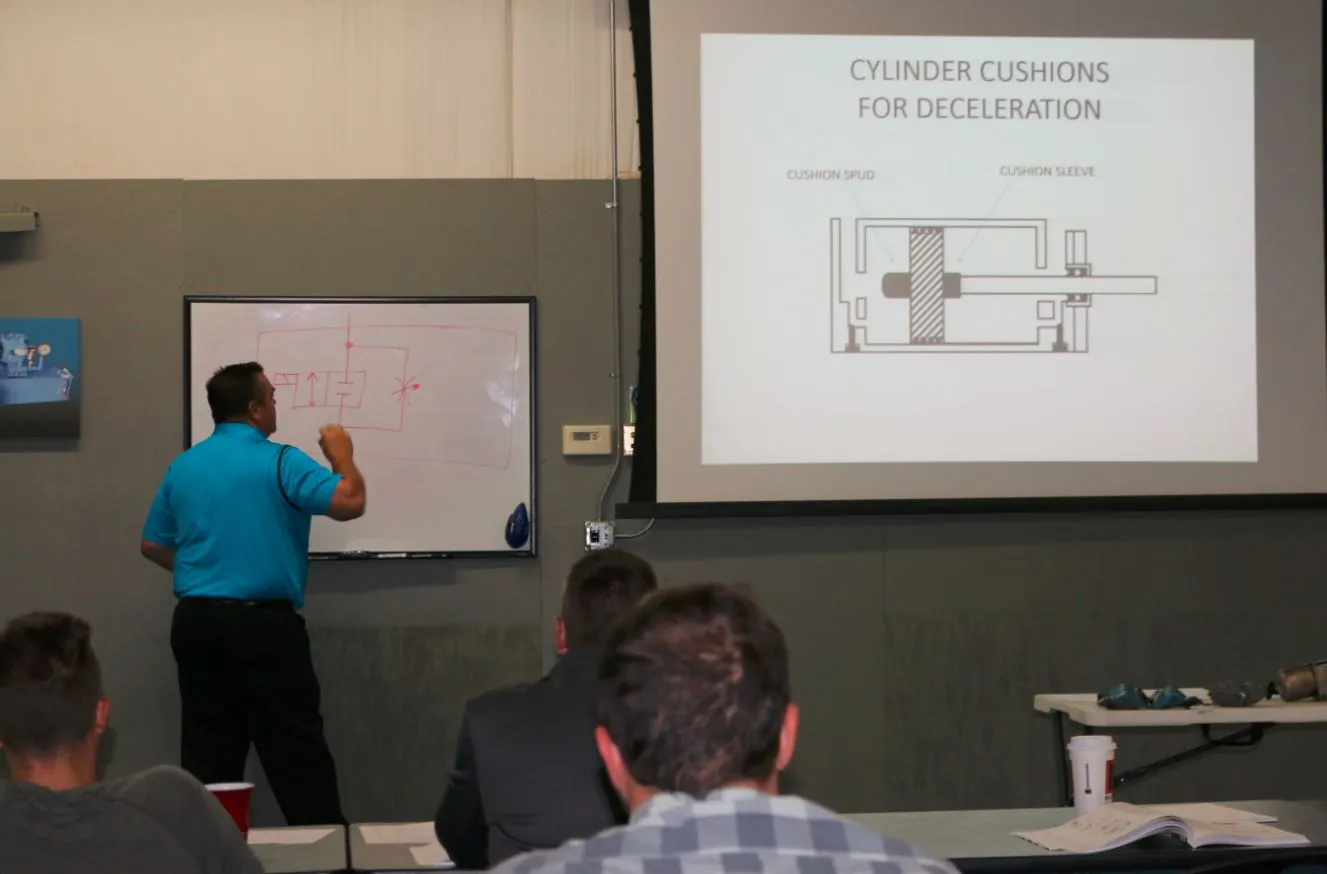 Instructor at the whiteboard explaining cylinder cushions during a hydraulics class