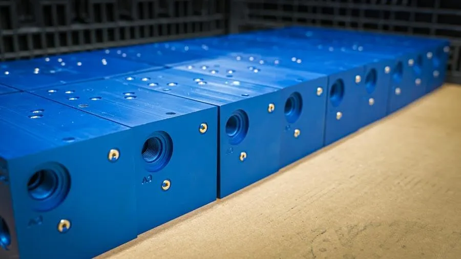 Rows of blue anodized hydraulic manifold blocks machined for a production order