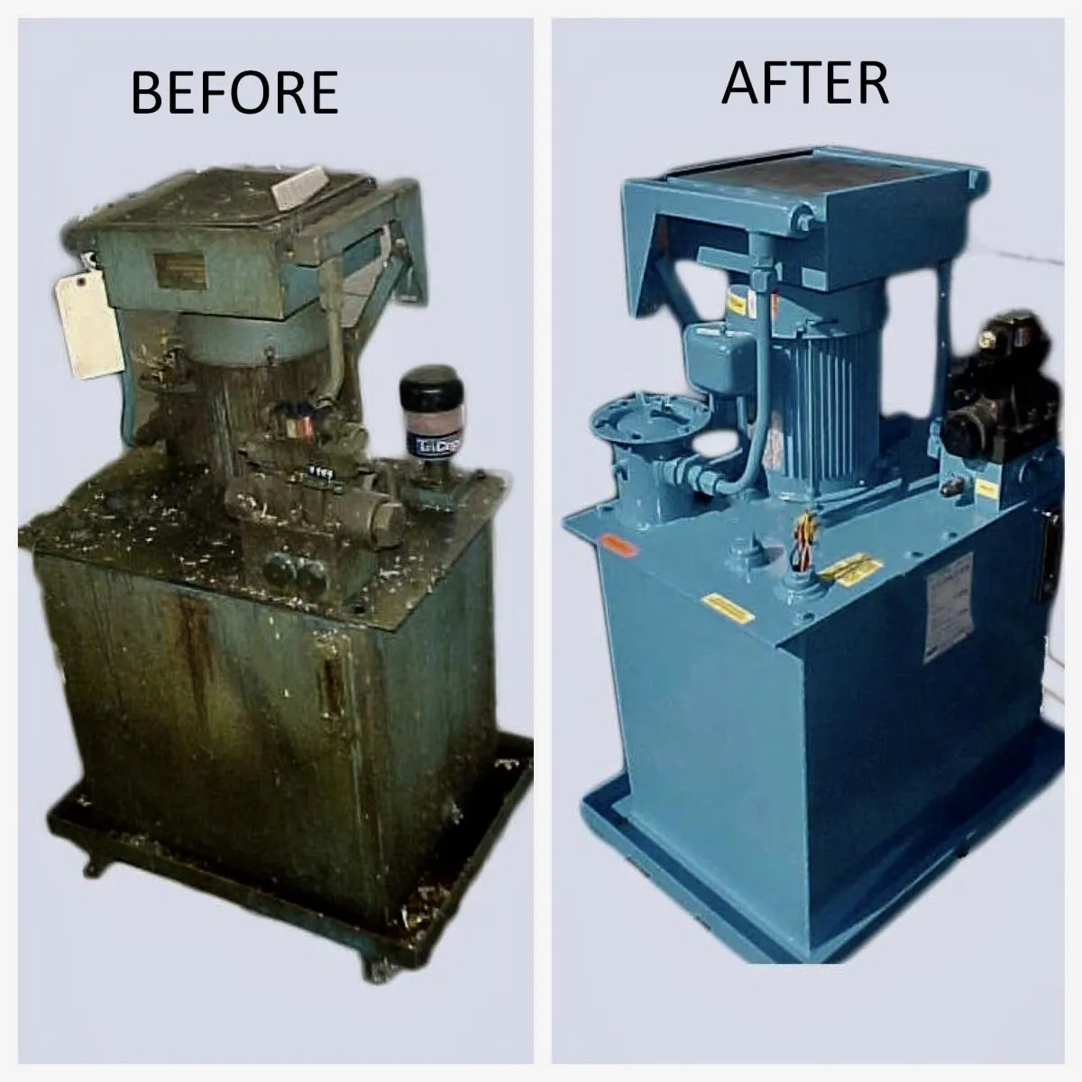 A hydraulic power unit before and after a rebuild: corroded and oil-stained, then cleaned, repainted blue and refitted